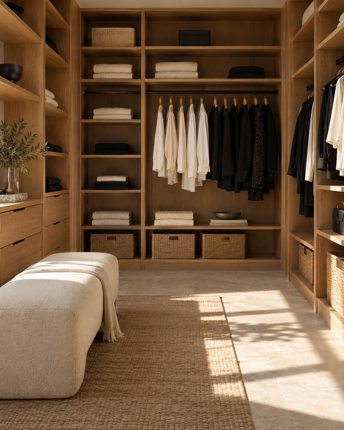 Interior inspiration: an AI-created oak wardrobe with neatly arranged clothing and warm natural light